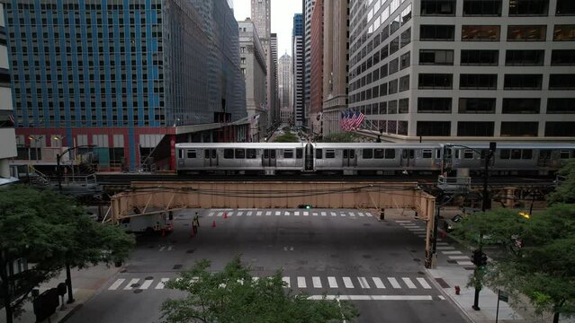 Train traveling through Downtown Chicago