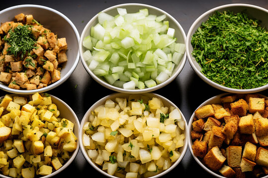 Mixing Bread Cubes, Herbs, Onions, and Celery in a Bowl - Created with Generative AI Tools