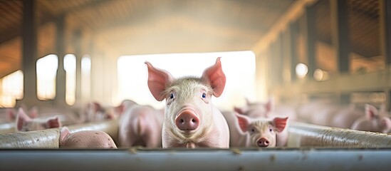 Farmyard pigs indoors waiting to be fed in a stall - obrazy, fototapety, plakaty