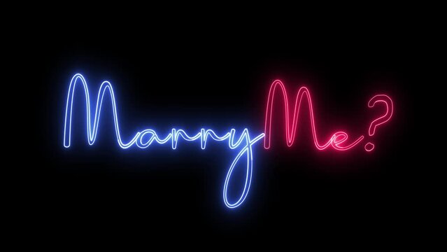 Marry Me text font with neon light. Luminous and shimmering haze inside the letters of the text Marry Me. Marry Me neon sign.