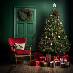 Christmas tree in a cozy room with gift boxes