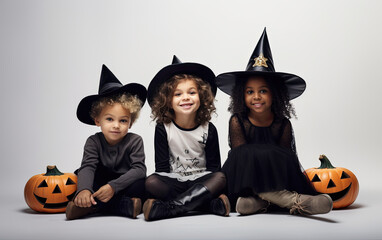 tres niños sonrientes y sentados junto a calabazas con sombreros negros de halloween y disfraces...