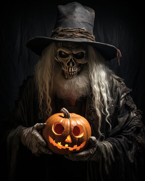 viejo brujo con cara de calavera con de pelo largo blanco sosteniendo entre sus manos una calabaza con cara de terror, concepto halloween sobre fondo negro