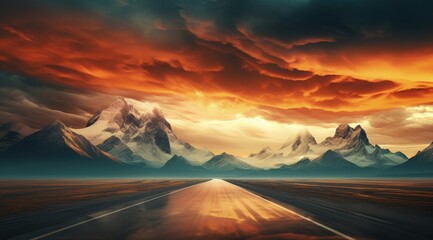 Epic landscape with road that goes to frozen mountains, clouds in the sky. Generative AI