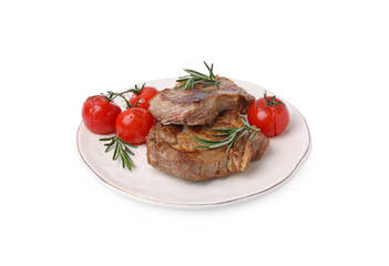 Plate of delicious fried meat with rosemary and tomatoes isolated on white