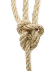 Hemp rope with knot isolated on white, top view