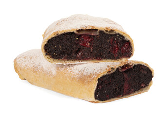Delicious cut strudel with cherries and poppy seeds isolated on white