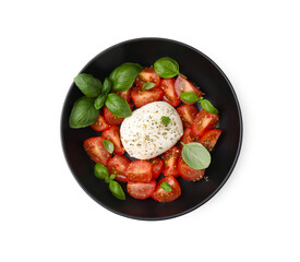 Tasty salad Caprese with mozarella, tomatoes and basil on white background, top view