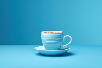 Blue cup of coffee on blue background. Generative AI