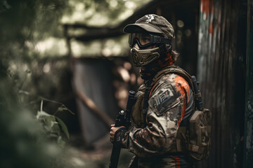 Fototapeta premium Portrait of a man paintball player in the forest. training, team building
