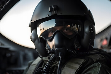 Portrait of a pilot in the helmet sits in the cockpit of a fighter aircraft. Military aircraft. - obrazy, fototapety, plakaty