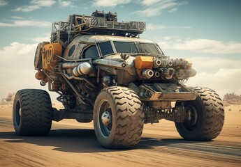Fototapeta na wymiar Customized and old monster car in the desert, post apocalyptic and dystopian landscape. Generative AI