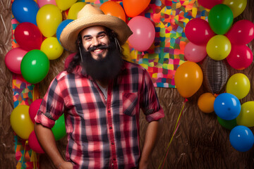 Fototapeta na wymiar Portrait of a smiling young brazilian man wearing a straw hat. festa junina, festival concept