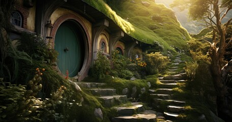 Landscape with hobbit house in the county, fantasy and fiction concept. Generative AI - obrazy, fototapety, plakaty