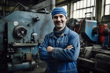Portrait of confident young worker standing with arms crossed in factory looking at camera, Industry and engineering concept