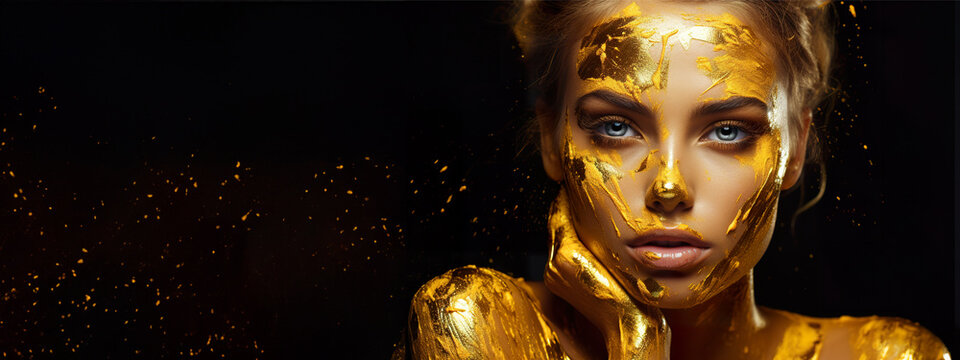 Closeup portrait of stunning beautiful woman in gold paint on black background. Stylish girl in gold glitter on her face and body. banner designwith copyspace for text