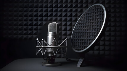Professional condenser microphone on the background of silencers. Microphone in the studio, podcast, interview, recording studio background