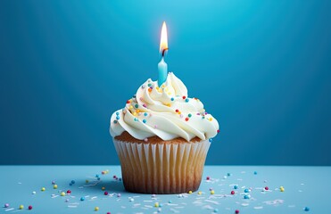 Cupcake with lit candle on blue background, birthday and celebration. Generative AI