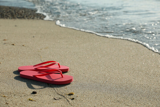 Stylish bright pink flip flops on sand near sea. Space for text