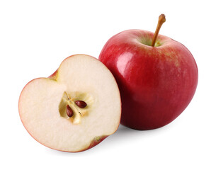 Whole and cut red apples isolated on white
