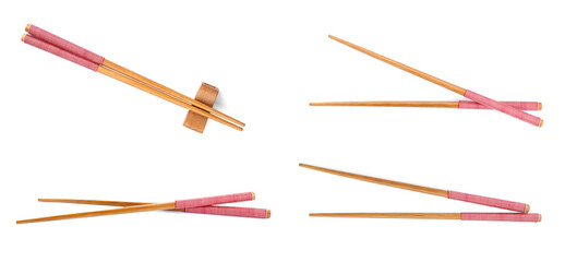 Collage with wooden chopsticks isolated on white