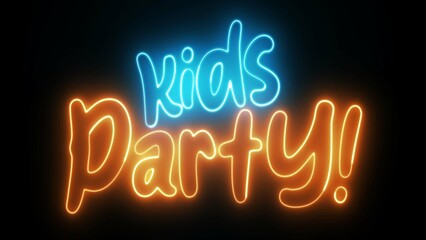 Kids Party text font with neon light. Luminous and shimmering haze inside the letters of the text Kids Party neon. 
