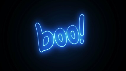 Boo text font with neon light. Luminous and shimmering haze inside the letters of the text Boo. BOO! neon sign.