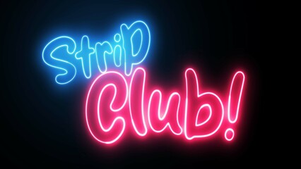 Strip Club word text font with neon light. Luminous and shimmering haze inside the letters of the text Strip Club. 