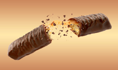 Broken chocolate bar with yummy caramel in air on coral background, banner design