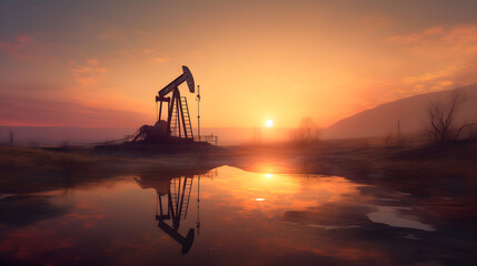 Silhouette of oil pump at oil field oil rig energy industrial machine for petroleum in the sunset background. Oil industry, petroleum production, pump jacks, drill rigs