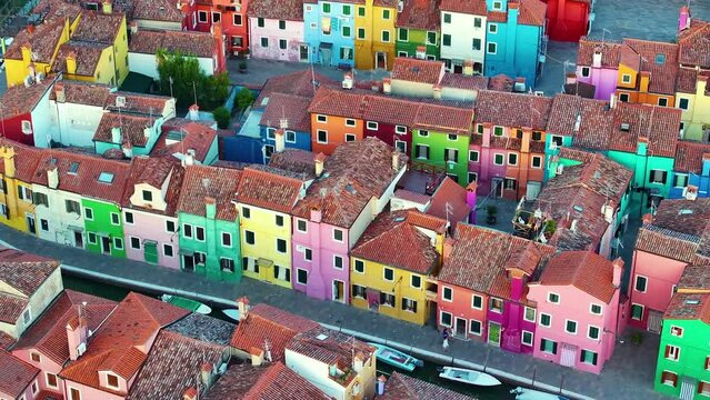 Aerial view of the colorful Burano Island in the Venetian Lagoon, Italy