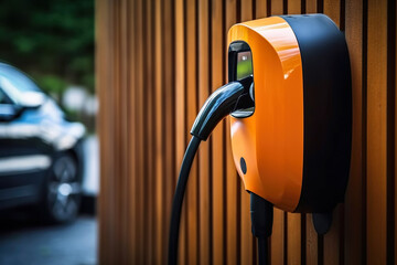Wall charger for electric car, charging station outside home close-up - obrazy, fototapety, plakaty