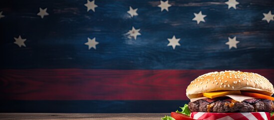 Independence Day festivities Flag decor burgers on wooden table