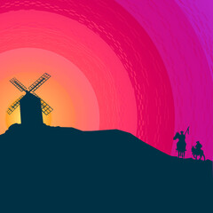 Dom Quixote de La Mancha at sunset at the mills.