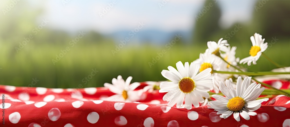 Sticker Red picnic cloth with a scenic meadow and daisies ideal for product placement with a hint of a frog