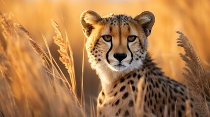 Graceful cheetah pauses, alert, amidst golden savanna grass
