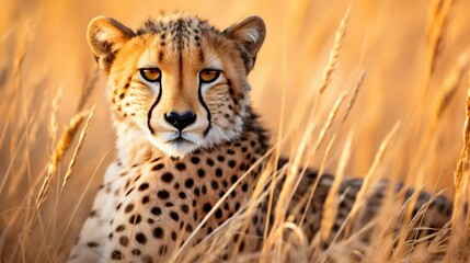 Graceful cheetah pauses, alert, amidst golden savanna grass
