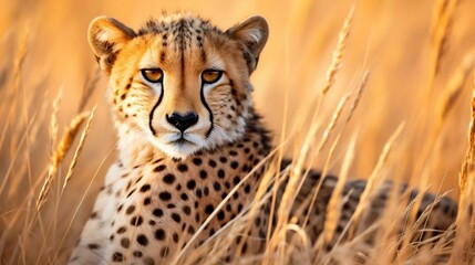 Obraz premium Graceful cheetah pauses, alert, amidst golden savanna grass 