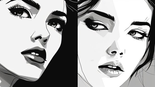 Portrait of a girl's face in black and white style. Fantasy concept , Illustration painting.