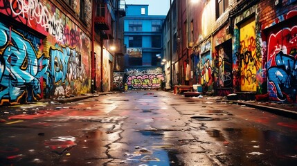 Fototapeta premium Graffiti-covered alley becomes an urban canvas of expression 