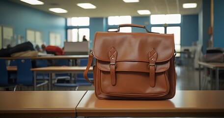 School bag neatly placed on a desk in an empty classroom