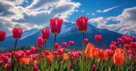 Vibrant tulips blossoming against a backdrop of majestic mountains