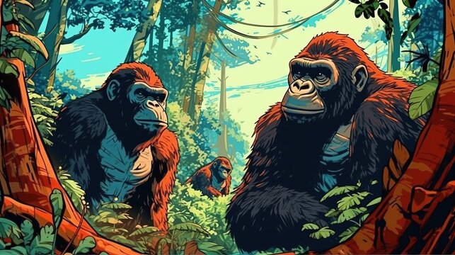Powerful gorillas in a jungle habitat. Fantasy concept , Illustration painting.