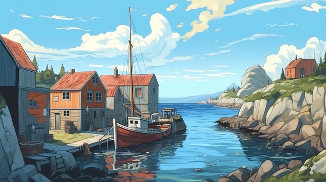 Quaint seaside fishing village. Fantasy concept , Illustration painting.