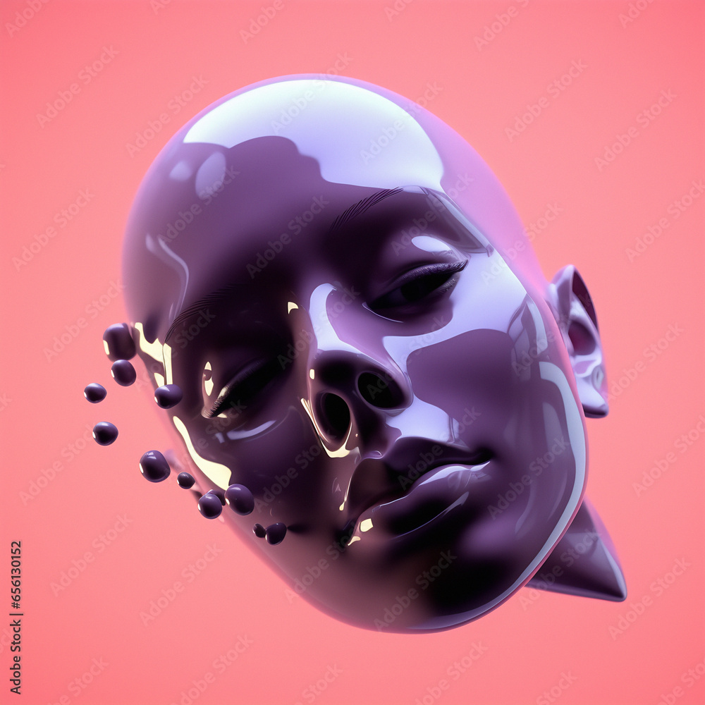 Poster abstract surrealistic 3d illustration of a glossy female head with colorful floating spheres around 