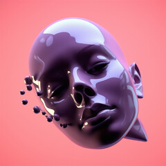 Abstract surrealistic 3D illustration of a glossy female head with colorful floating spheres around it on a pink pastel background.