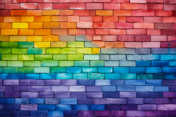 Rainbow colored brick wall background. Flag of LGBT painted in colors on a brick wall.