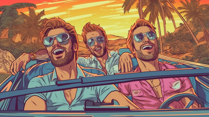 Road trip with friends in a convertible car, Three funny bearded guys with glasses. Fantasy concept , Illustration painting.