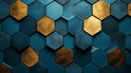 Geometric abstraction of hexagons on a blue relief background with gold elements. Fresco for interior printing, Wallpapers