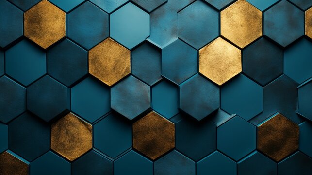 Geometric abstraction of hexagons on a blue relief background with gold elements. Fresco for interior printing, Wallpapers © Ghulam